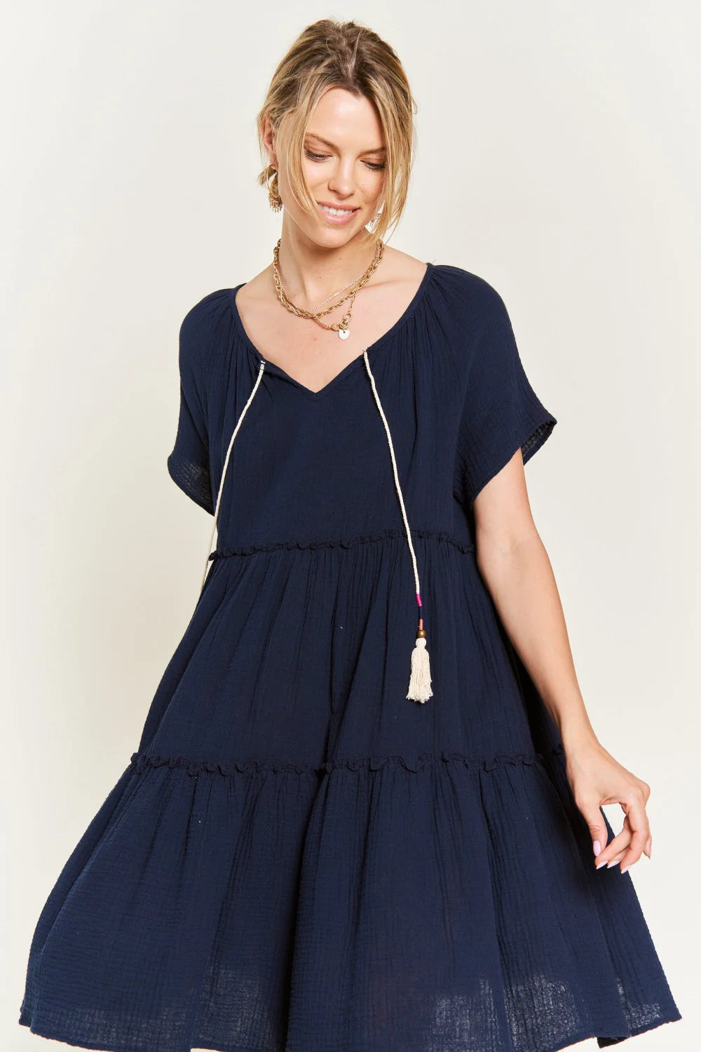 Plus Size Tiered Babydoll Short Sleeve V Neck Tassel Tie Casual Summer Swing Dress