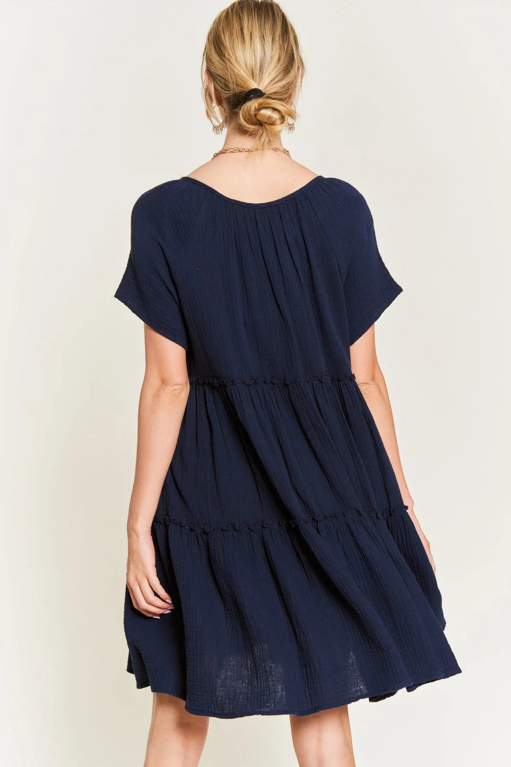 Plus Size Tiered Babydoll Short Sleeve V Neck Tassel Tie Casual Summer Swing Dress