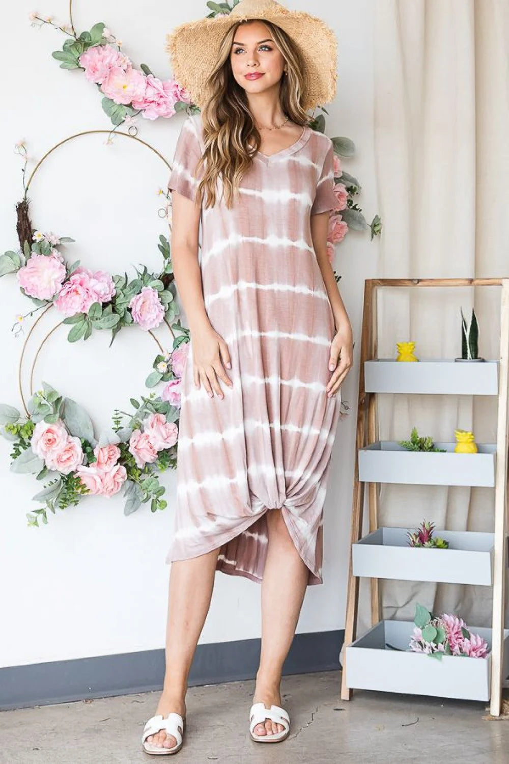 Plus Size Western Boho Tie-Dye Short Sleeve Front Twist Midi Dress