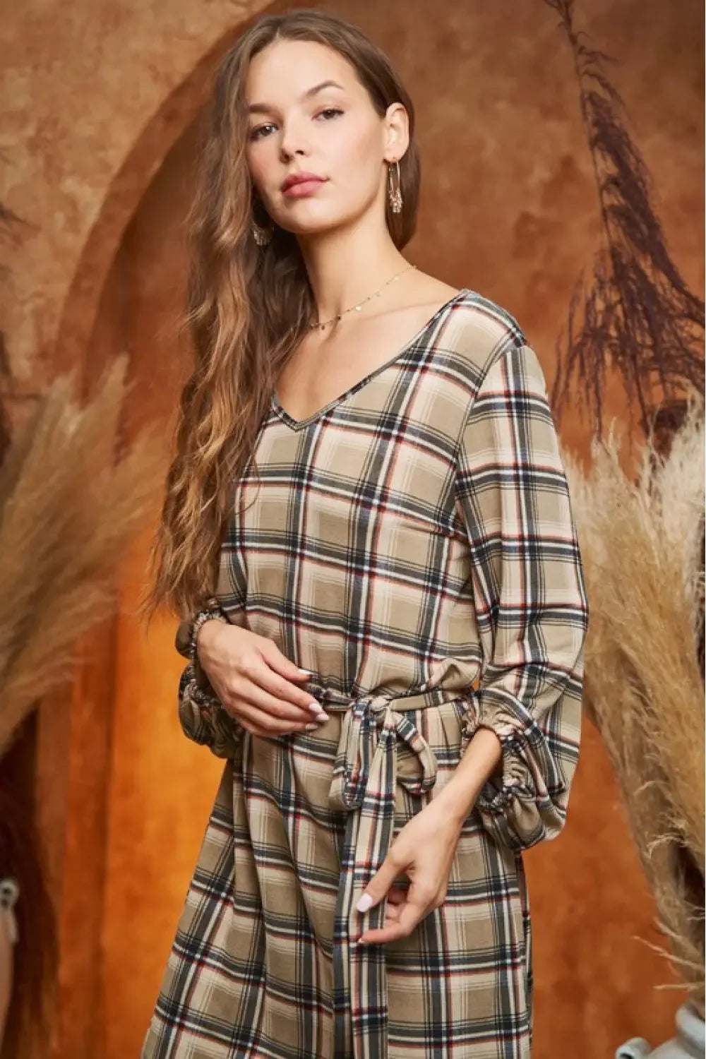plus size brown plaid dress Plus Size Western Plaid Balloon Sleeves Boutique Fall Fashion Dress