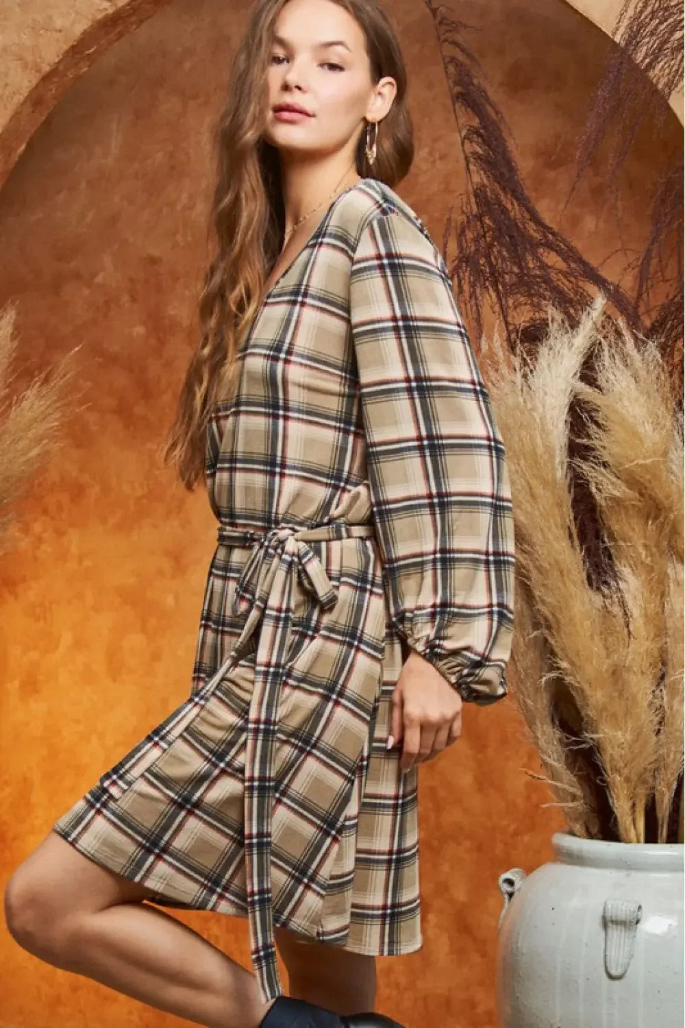 Plus Size Western Plaid Balloon Sleeves Boutique Fall Fashion Dress Plus Size Western Plaid Balloon Sleeves Boutique Fall Fashion Dress