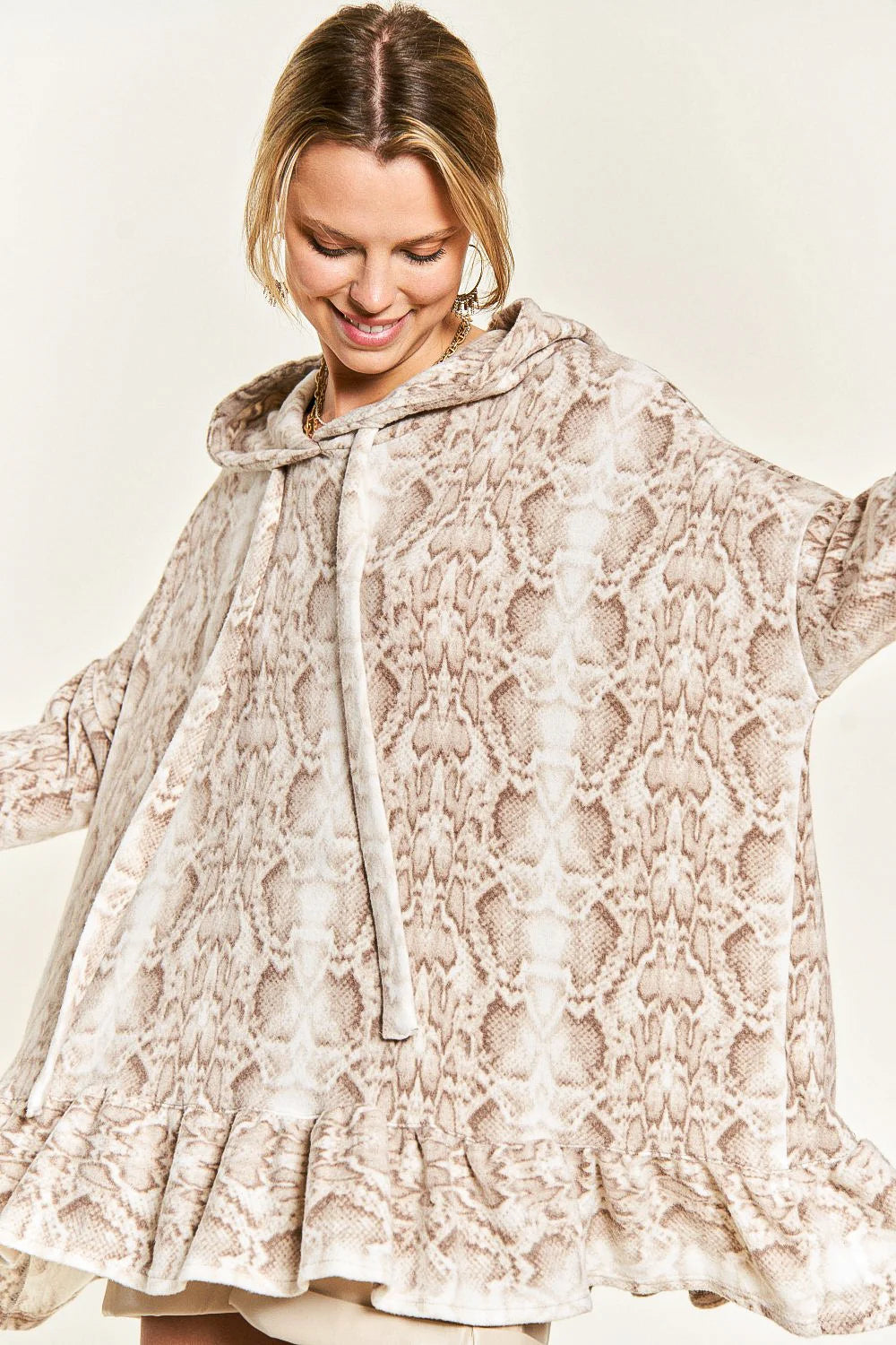 Snakeskin Print Hoodie Long Sleeve Ruffled Hem Casual Boutique Fashion Tunic Top