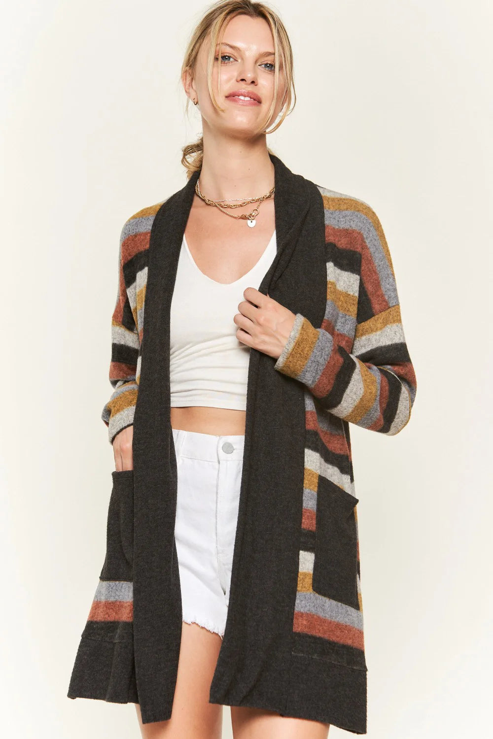 Plus Size Western Striped Open Front Long Sleeve Oversized Longline Knit Cardigan