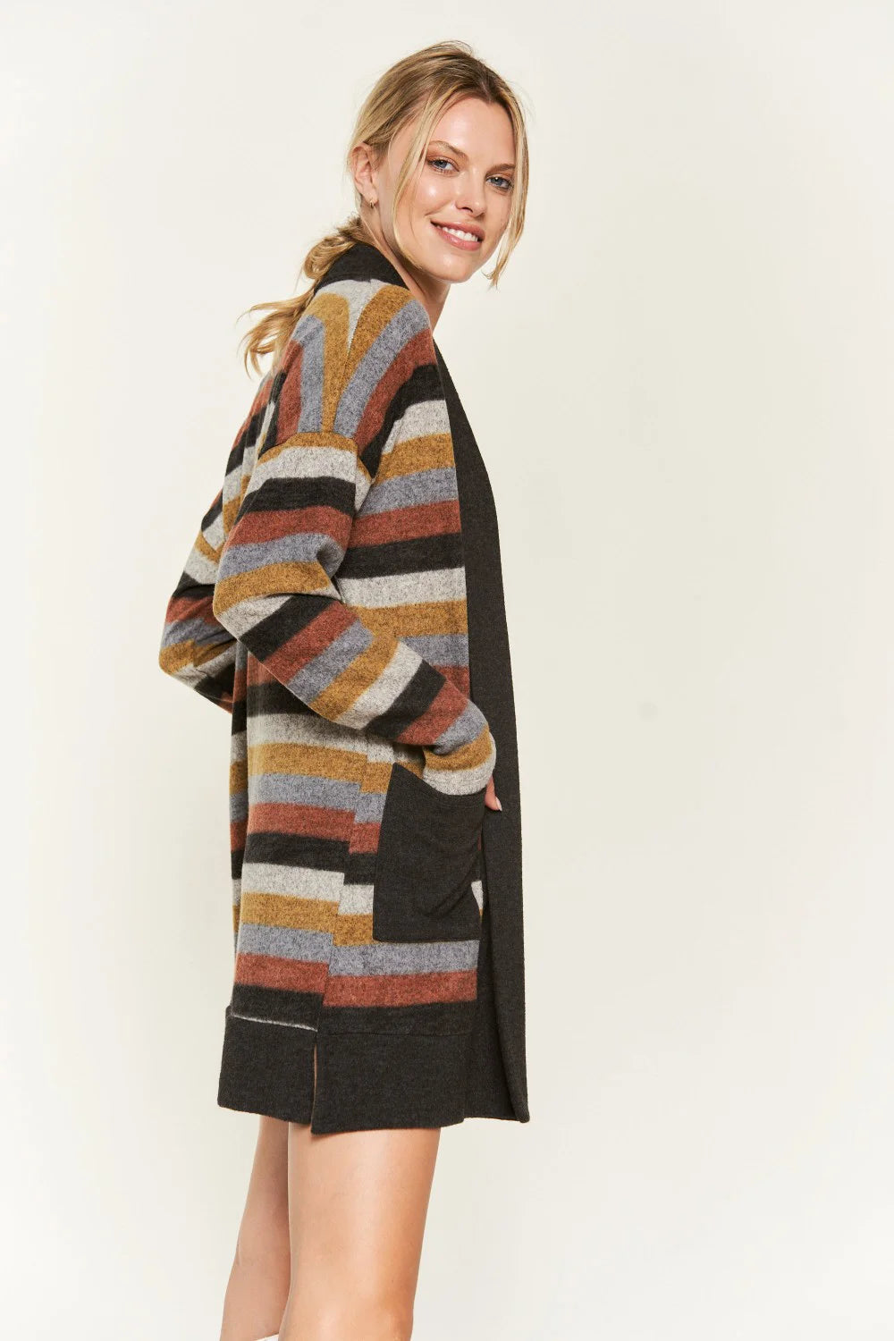 Plus Size Western Striped Open Front Long Sleeve Oversized Longline Knit Cardigan