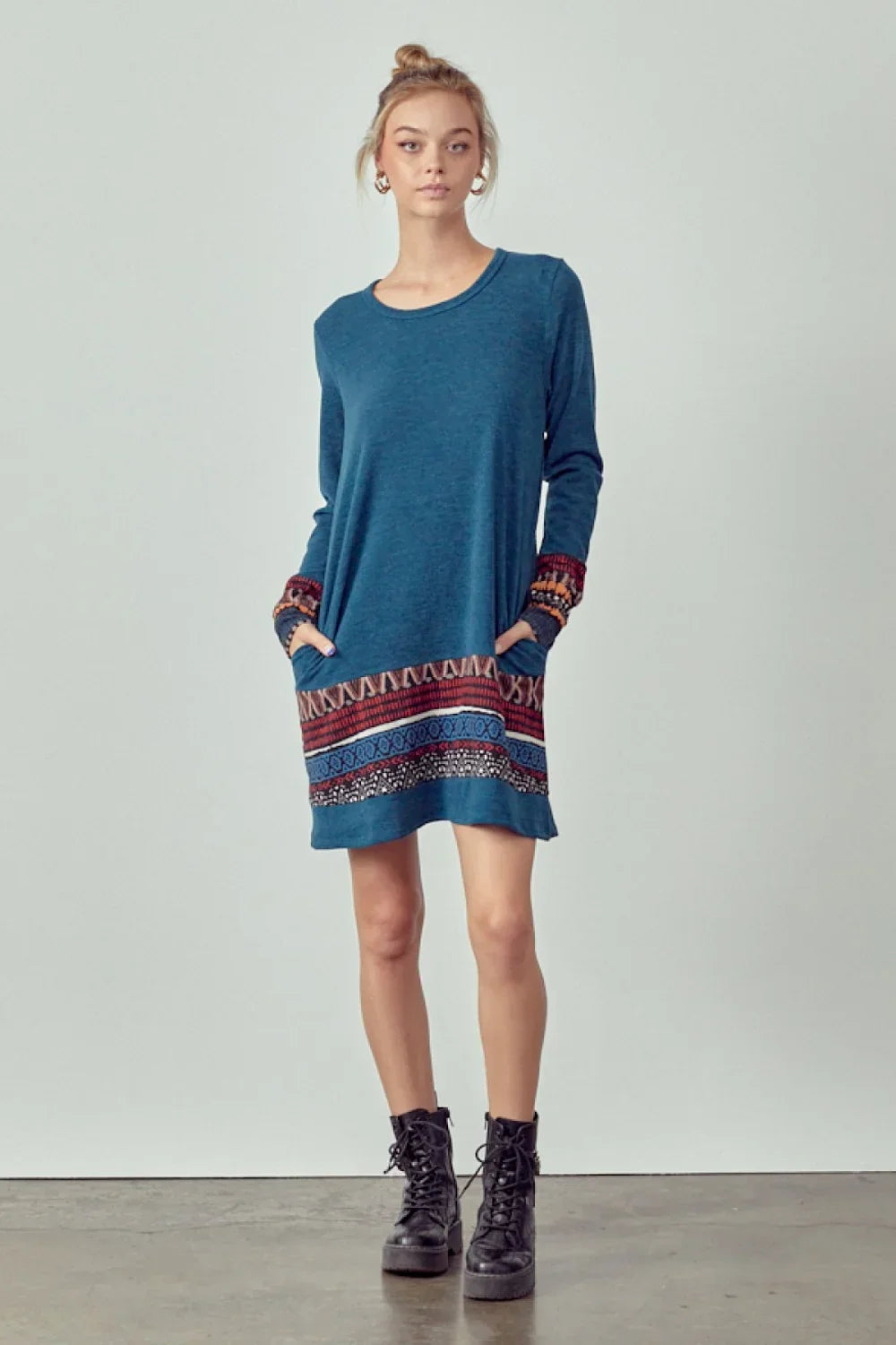 Plus Size Long Sleeve Ethnic Print Trim Casual Boho Shift Fall Winter Boutique Dress Teal / 1X-2X-3X/2-2-2 Plus Size Long Sleeve Ethnic Print Trim Casual Boho Shift Fall Winter Boutique Dress Teal / 1X-2X-3X/2-2-2