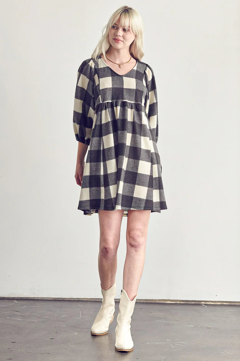Plus Size Fleece Buffalo Plaid V Neck Puff Sleeve Cozy Casual Fall Winter Swing Dress
