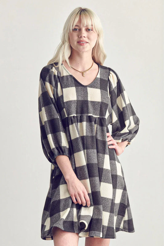 Plus Size Fleece Buffalo Plaid V Neck Puff Sleeve Cozy Casual Fall Winter Swing Dress Black Red / 1X-2X-3X/1-1-1 Plus Size Fleece Buffalo Plaid V Neck Puff Sleeve Cozy Casual Fall Winter Swing Dress Black Red / 1X-2X-3X/1-1-1