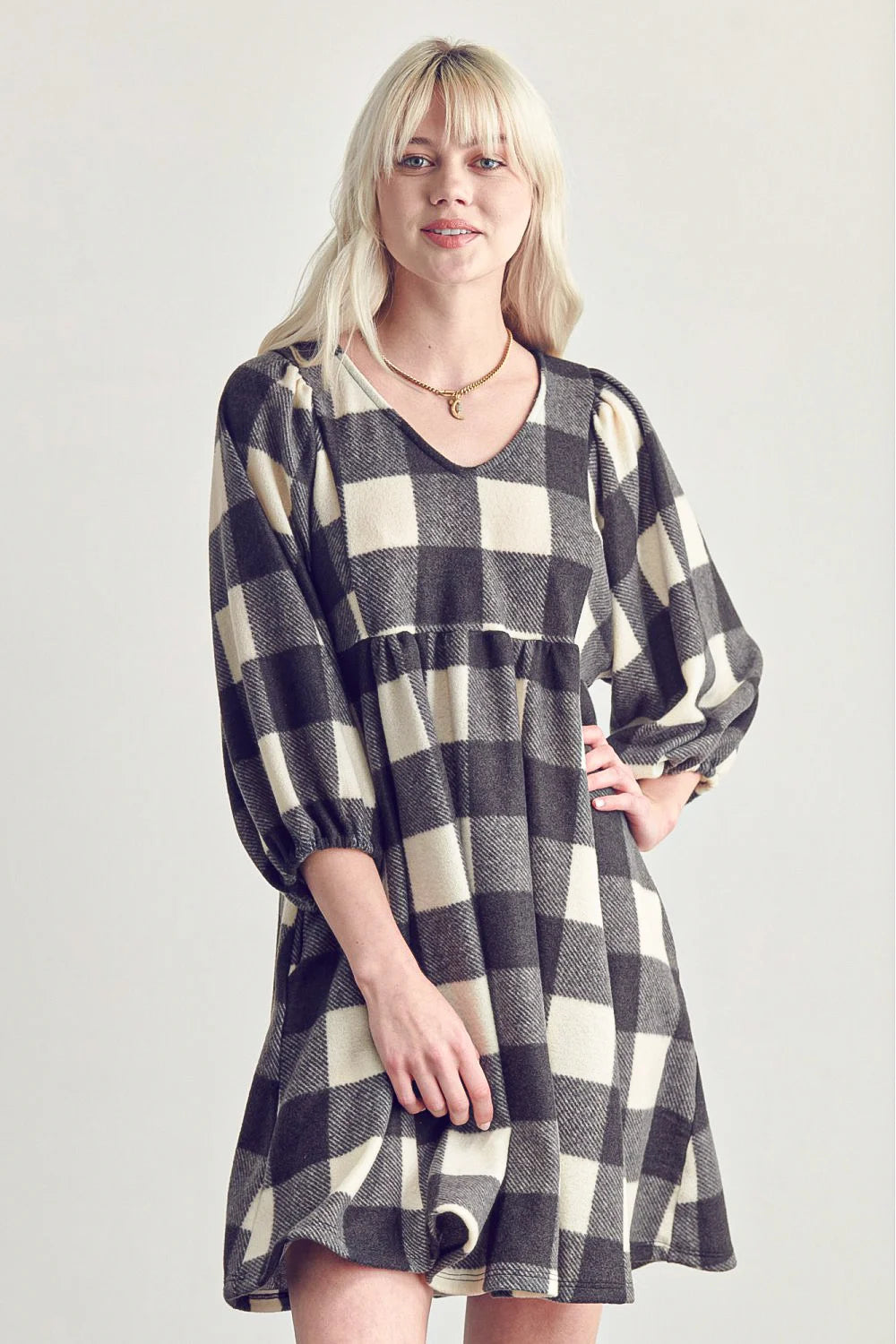 Plus Size Fleece Buffalo Plaid V Neck Puff Sleeve Cozy Casual Fall Winter Swing Dress