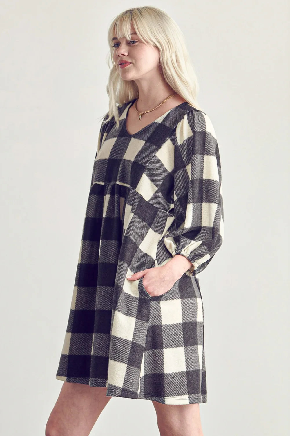 Plus Size Fleece Buffalo Plaid V Neck Puff Sleeve Cozy Casual Fall Winter Swing Dress