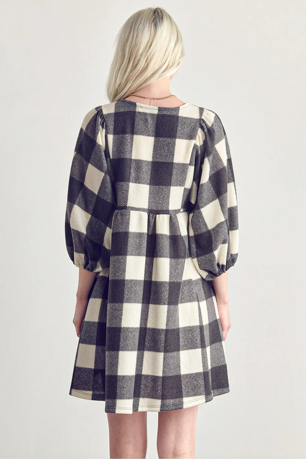 Plus Size Fleece Buffalo Plaid V Neck Puff Sleeve Cozy Casual Fall Winter Swing Dress