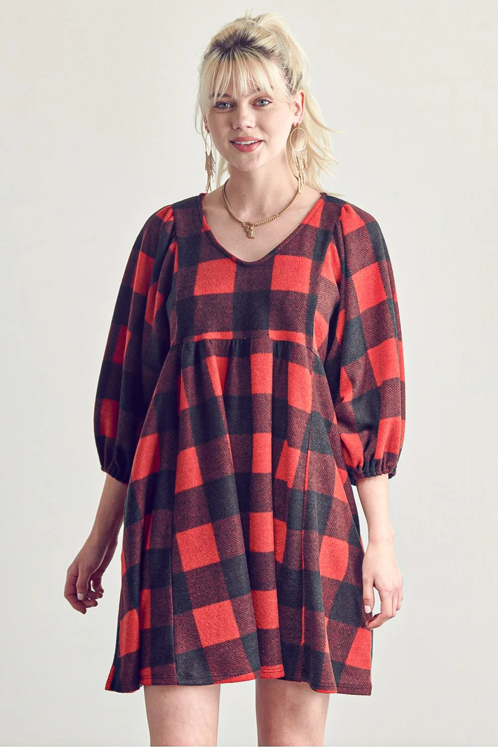 Plus Size Fleece Buffalo Plaid V Neck Puff Sleeve Cozy Casual Fall Winter Swing Dress