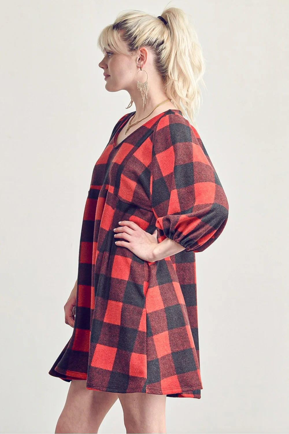 Plus Size Fleece Buffalo Plaid V Neck Puff Sleeve Cozy Casual Fall Winter Swing Dress