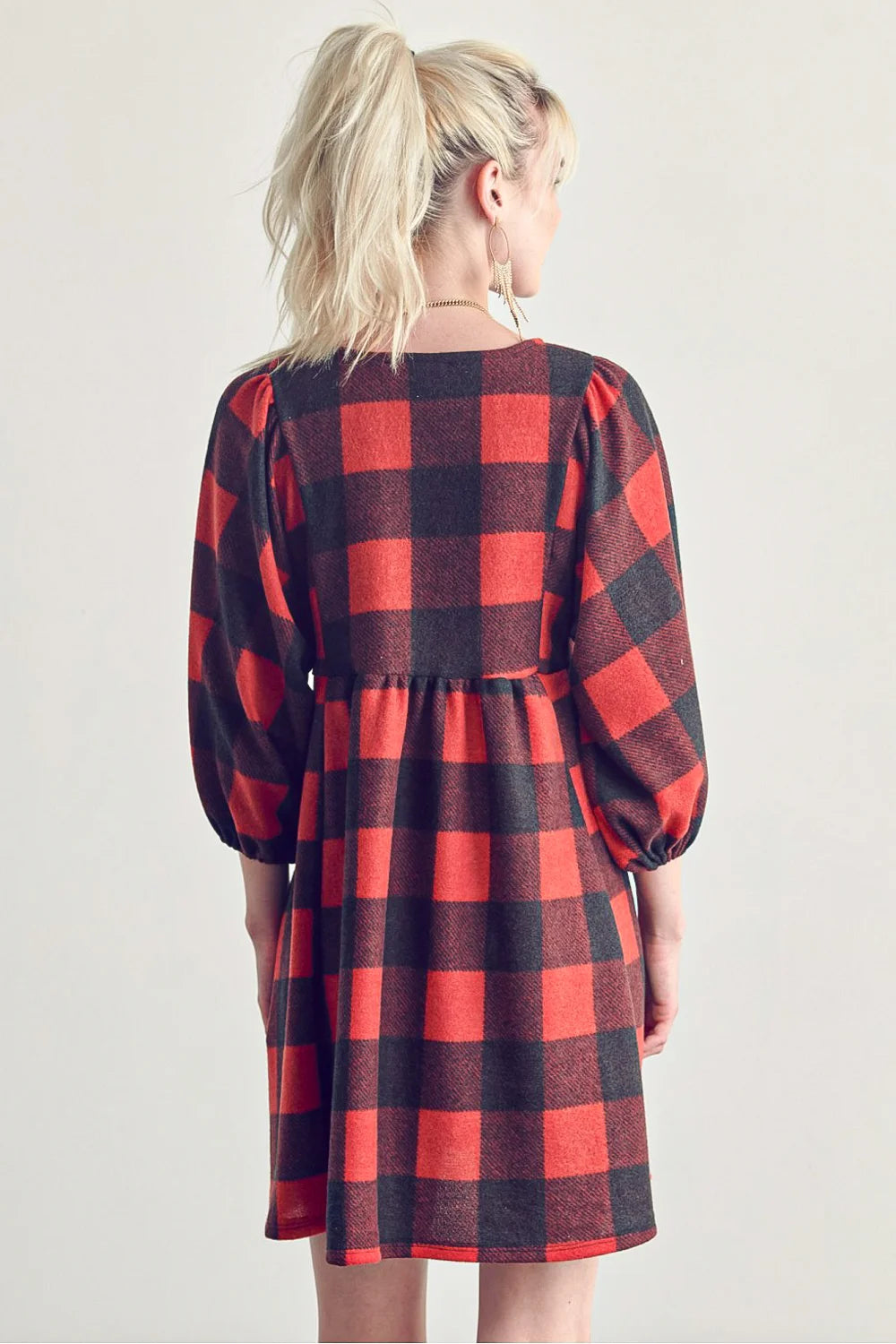 Plus Size Fleece Buffalo Plaid V Neck Puff Sleeve Cozy Casual Fall Winter Swing Dress