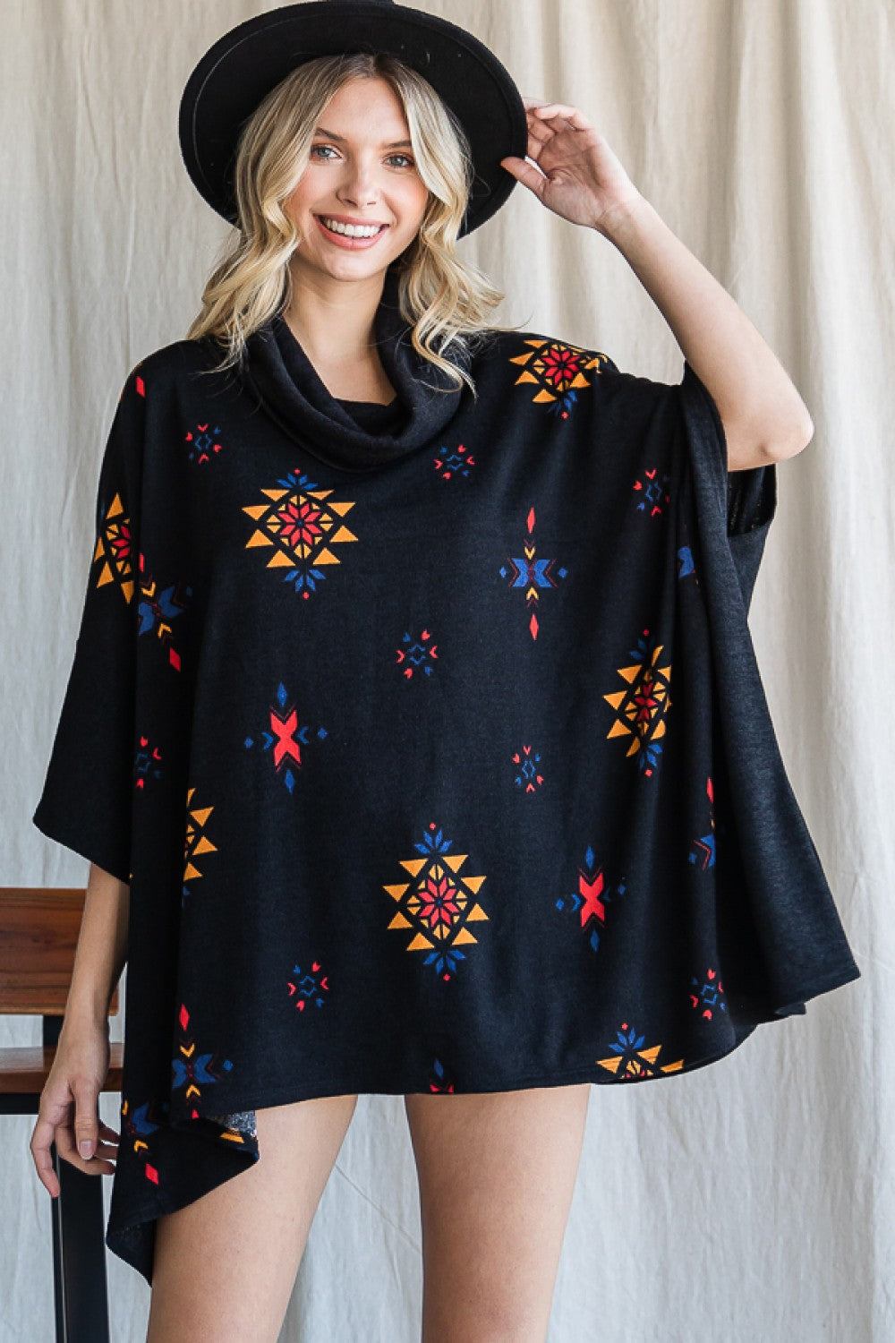 Western Boho Aztec Print Cowl Neck Soft Knit Fashion Oversize Poncho