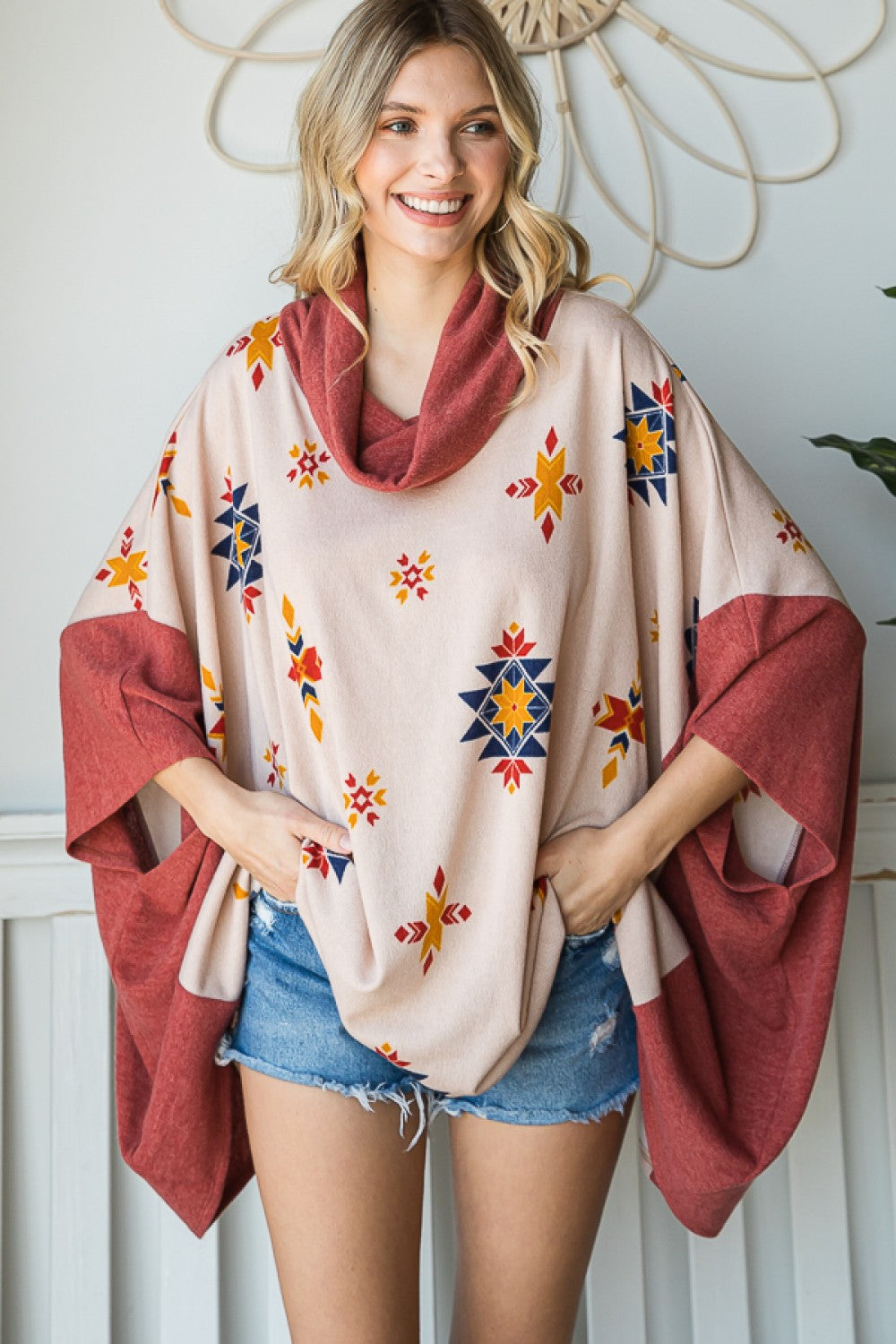 Western Boho Aztec Print Cowl Neck Cozy Soft Knit Fashion Oversize Poncho