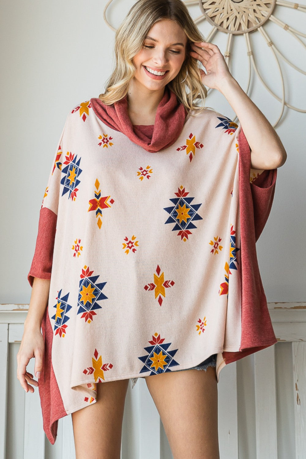 Western Boho Aztec Print Cowl Neck Cozy Soft Knit Fashion Oversize Poncho