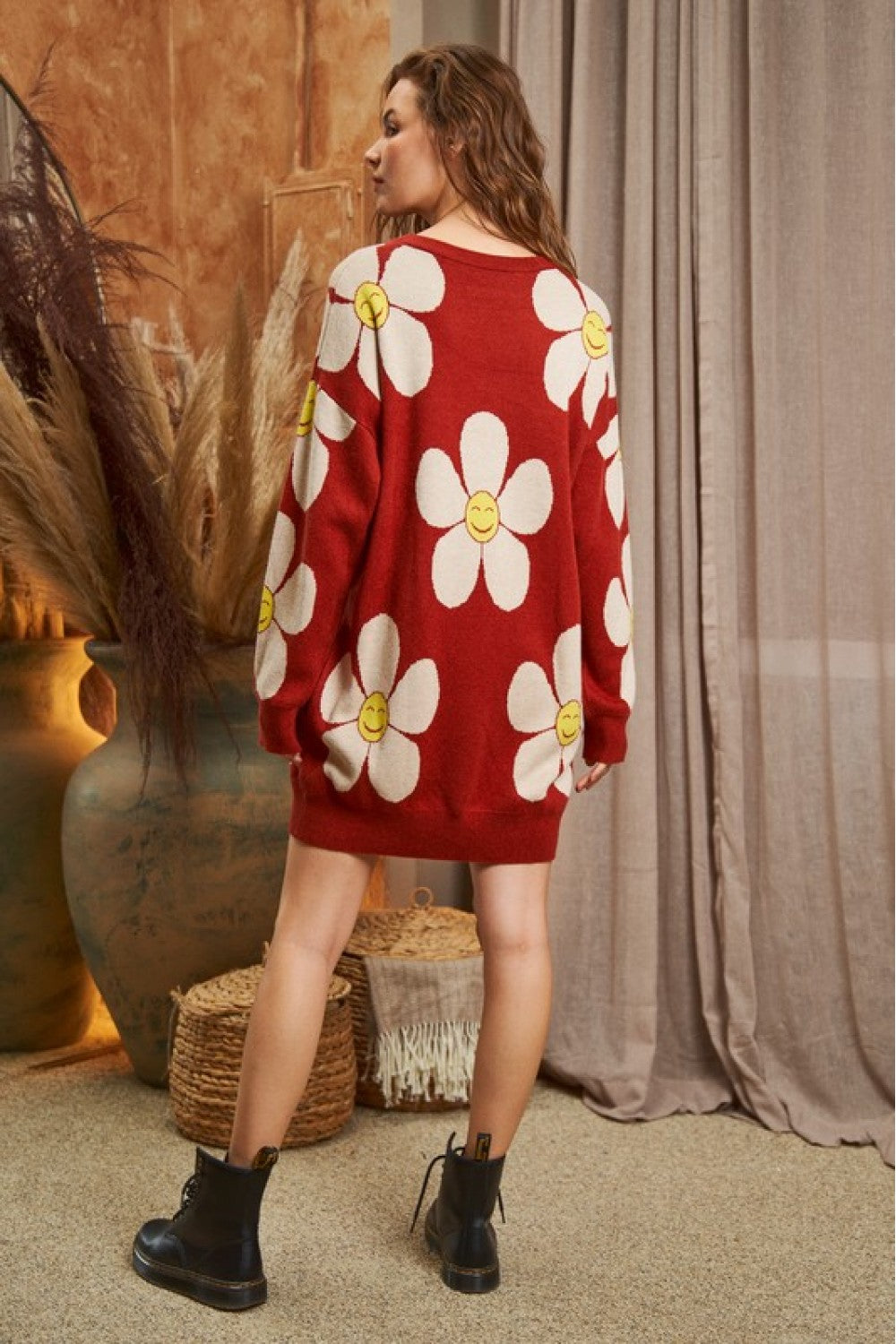 Western Boho Happy Daisy Floral Oversized Long Sleeve Sweater