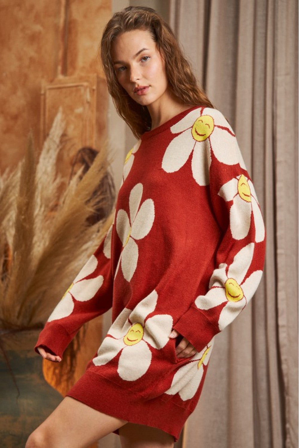 Western Boho Happy Daisy Floral Oversized Long Sleeve Sweater
