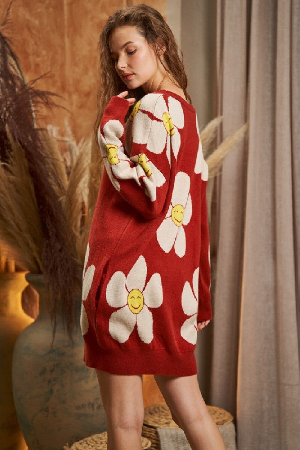 Western Boho Happy Daisy Floral Oversized Long Sleeve Sweater