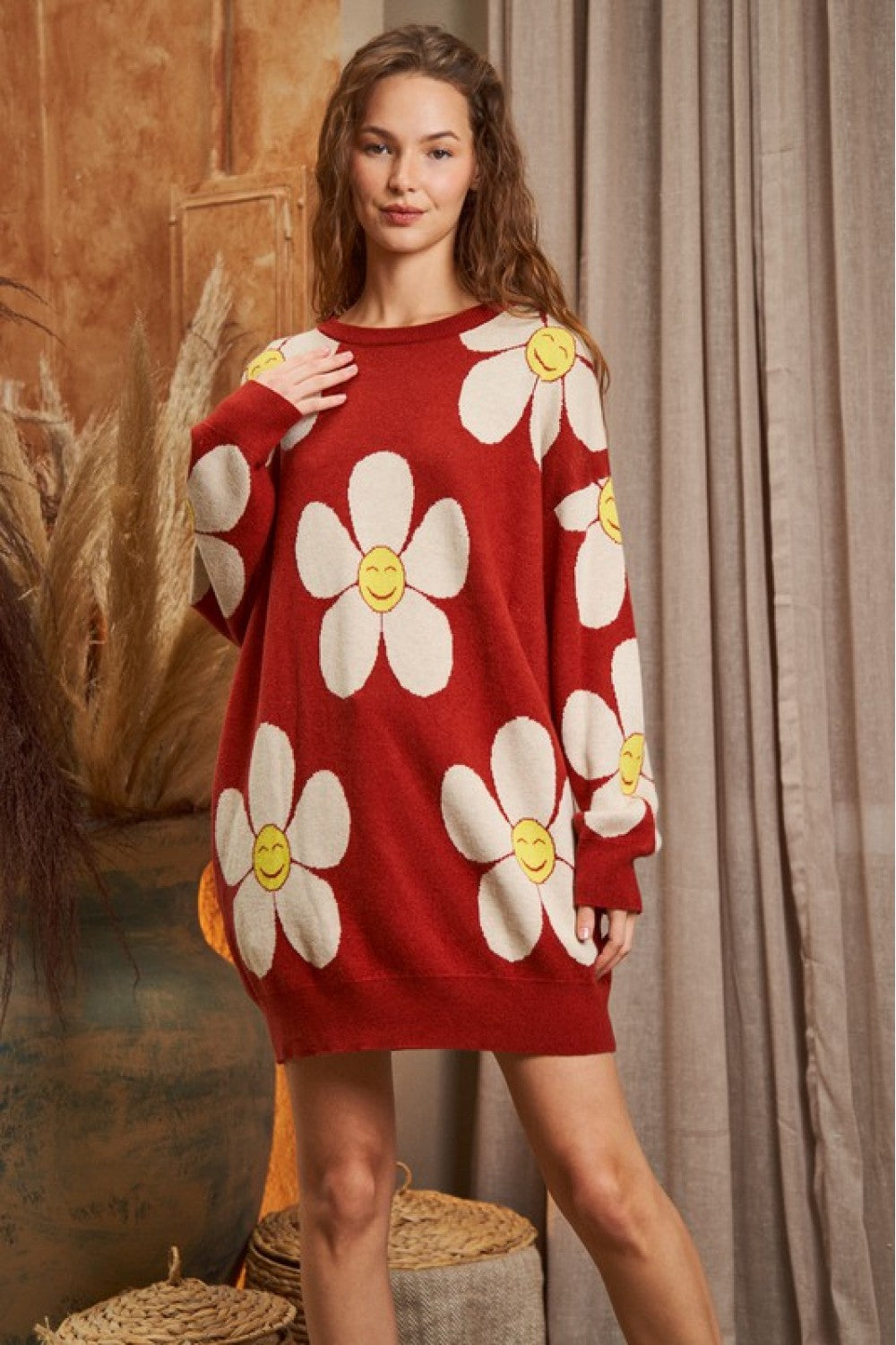 Western Boho Happy Daisy Floral Oversized Long Sleeve Sweater