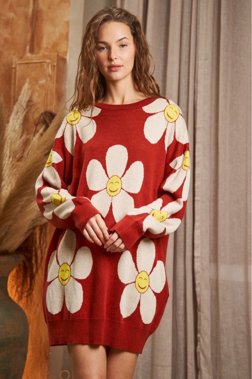 Western Boho Happy Daisy Floral Oversized Long Sleeve Sweater