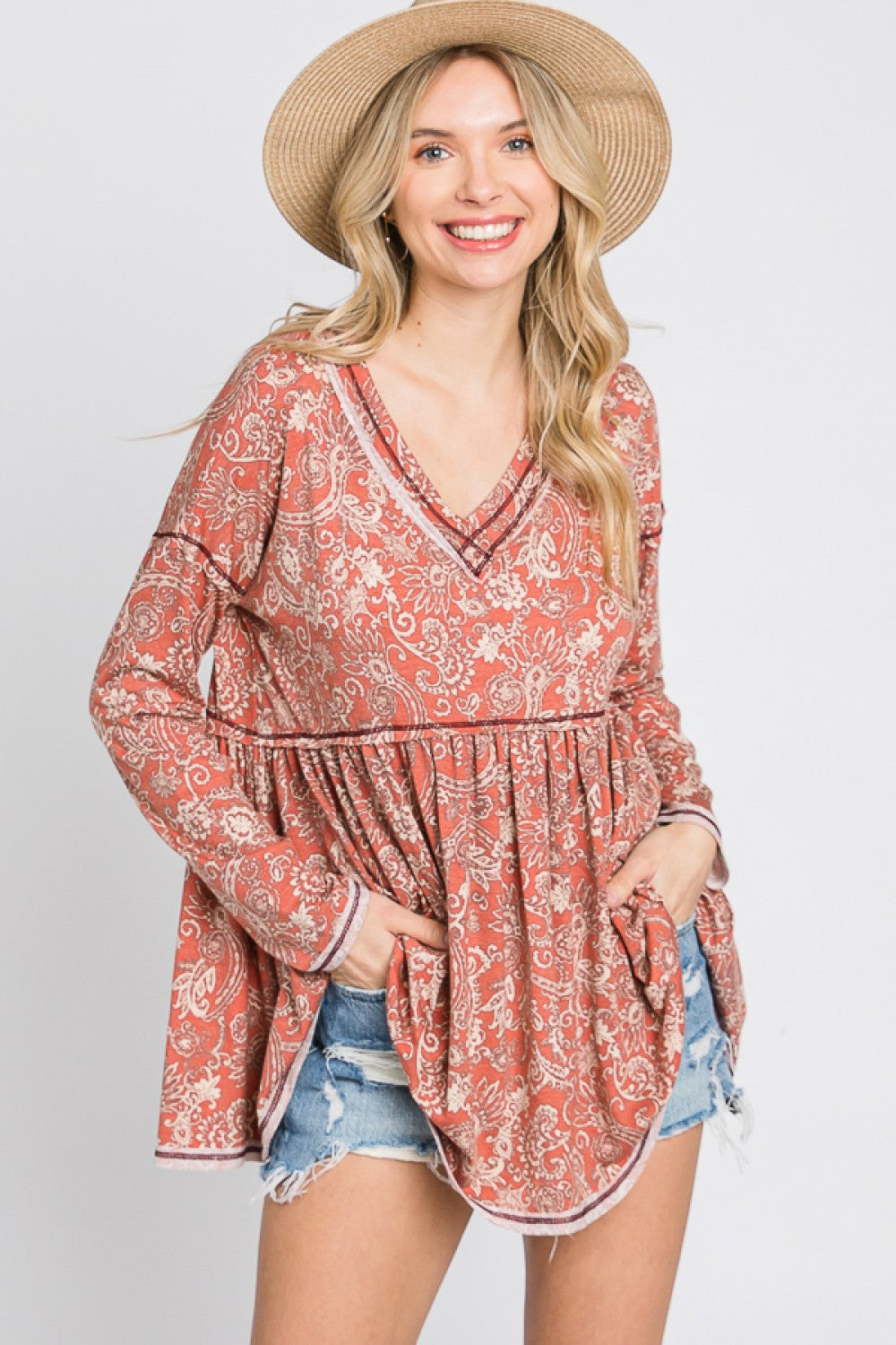 Western Boho Paisley Reverse Stitched Long Sleeve Boutique Casual Tunic Top