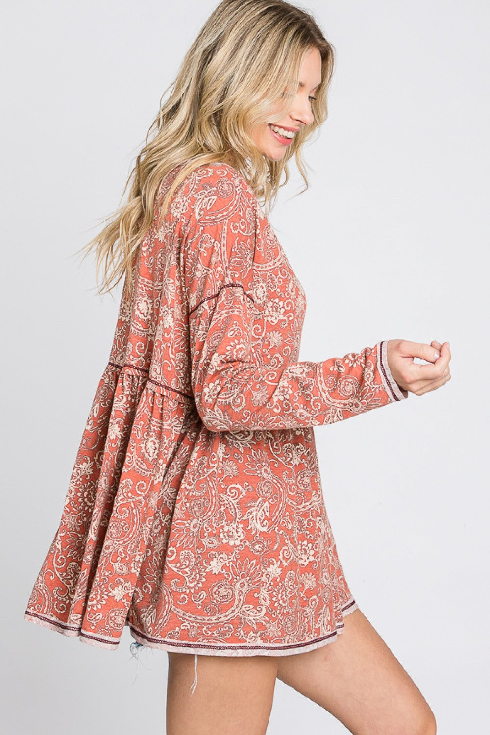 Western Boho Paisley Reverse Stitched Long Sleeve Boutique Casual Tunic Top