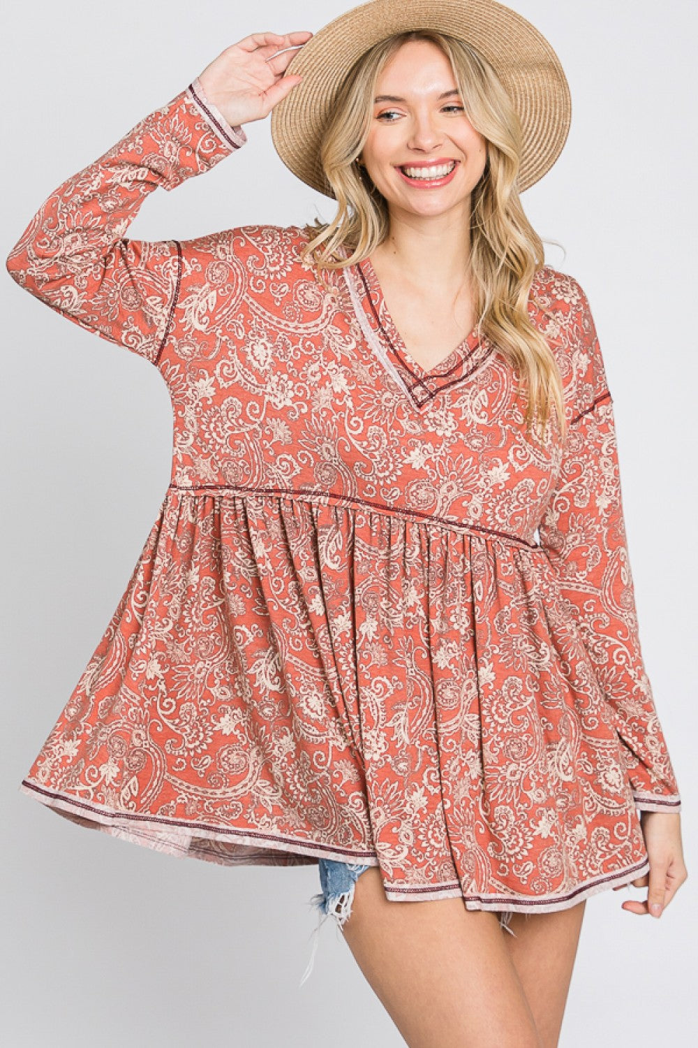 Western Boho Paisley Reverse Stitched Long Sleeve Boutique Casual Tunic Top