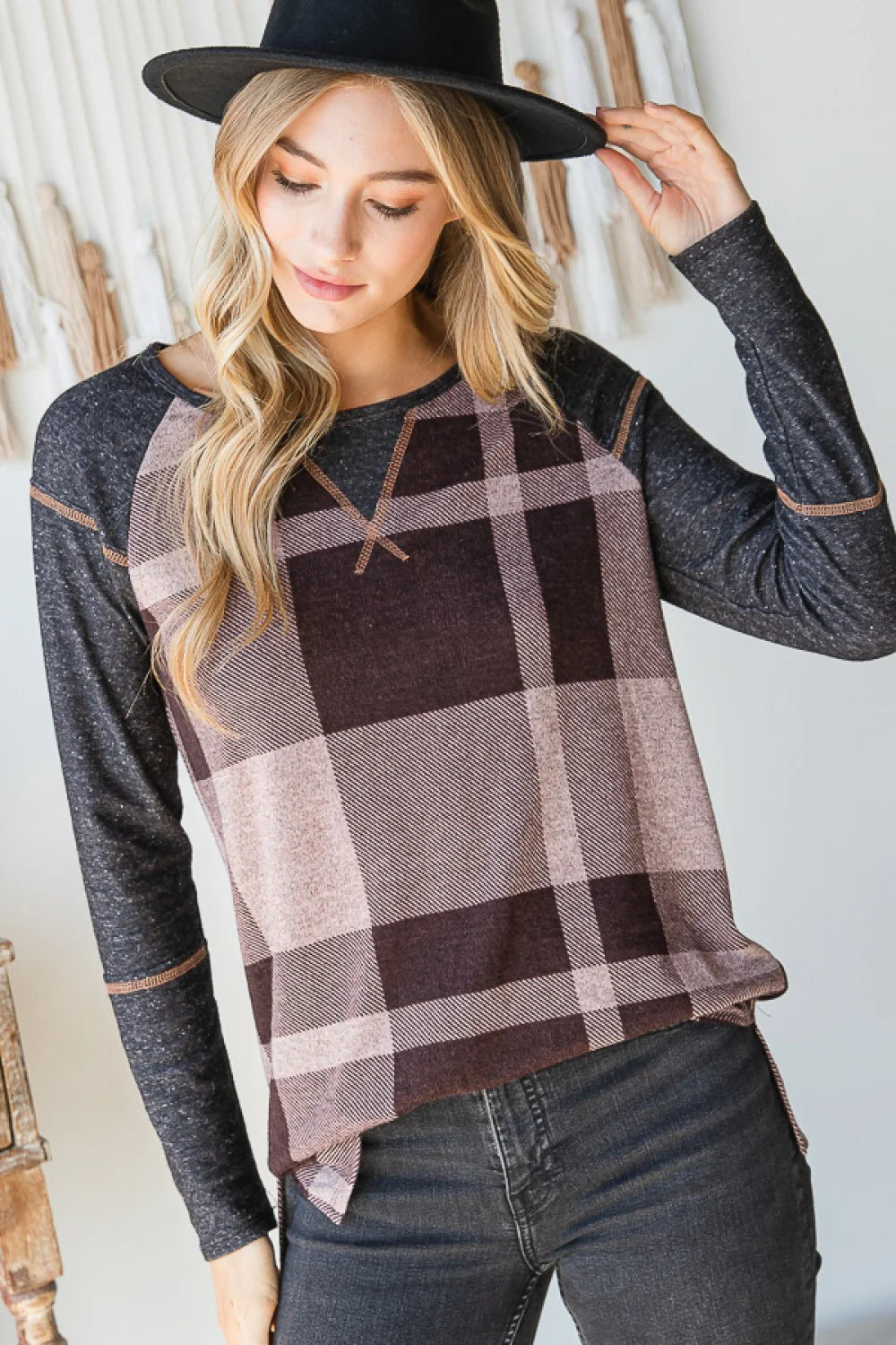 Plus Size Reverse Stitch Detail Buffalo Plaid Color Block Long Sleeve Casual Top