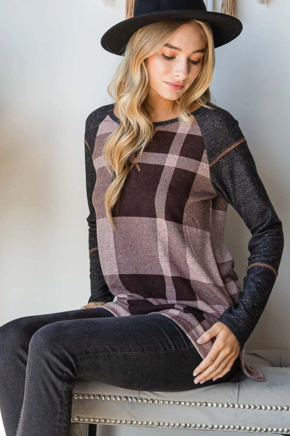 Plus Size Reverse Stitch Detail Buffalo Plaid Color Block Long Sleeve Casual Top