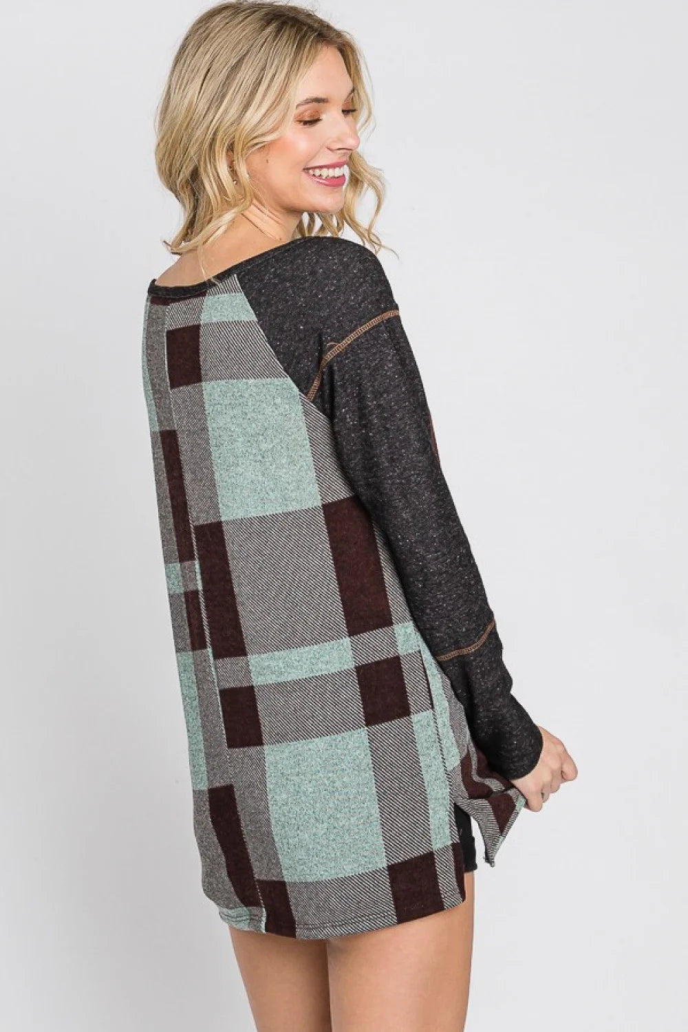 Plus Size Reverse Stitch Detail Buffalo Plaid Color Block Long Sleeve Casual Top