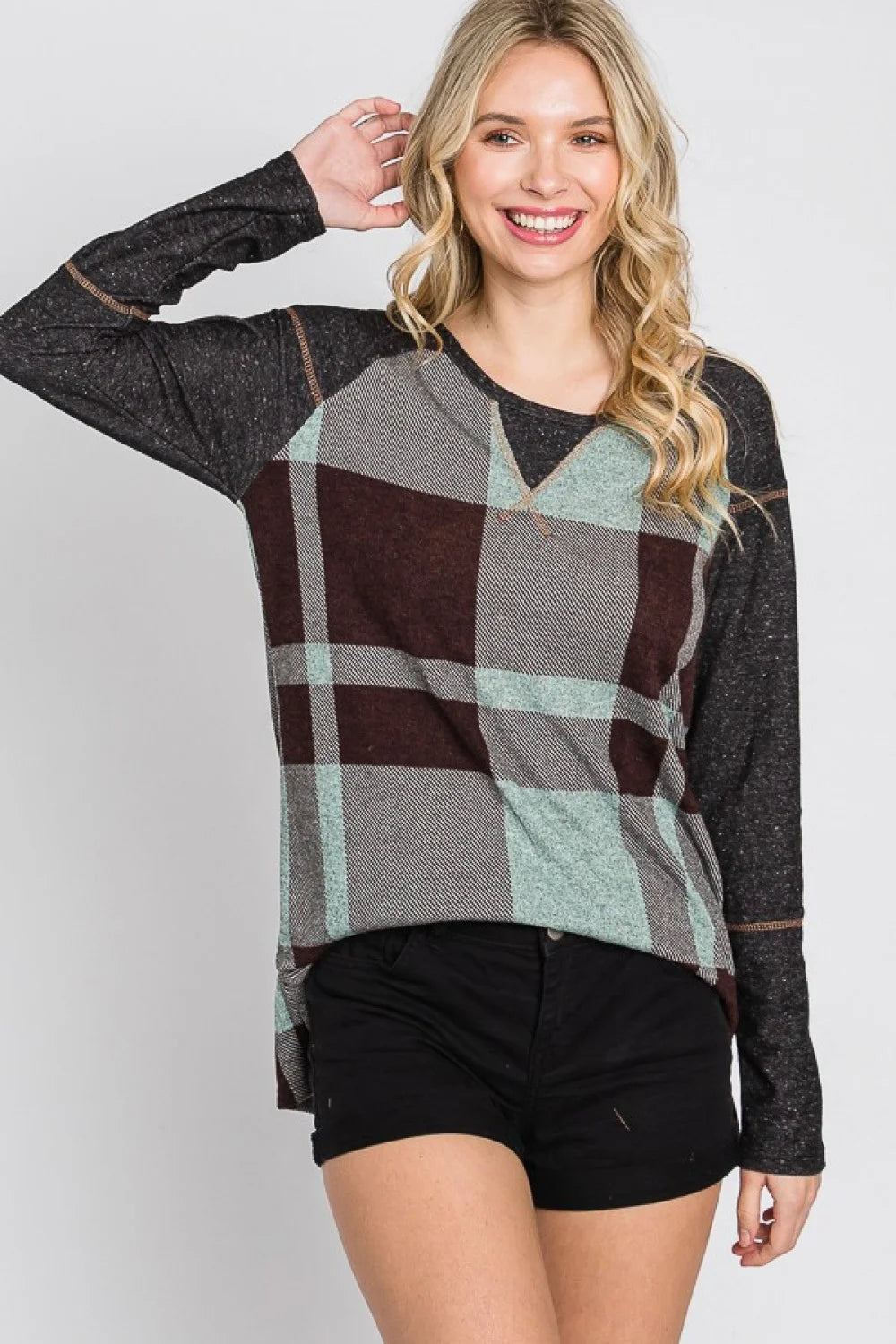 Plus Size Reverse Stitch Detail Buffalo Plaid Color Block Long Sleeve Casual Top