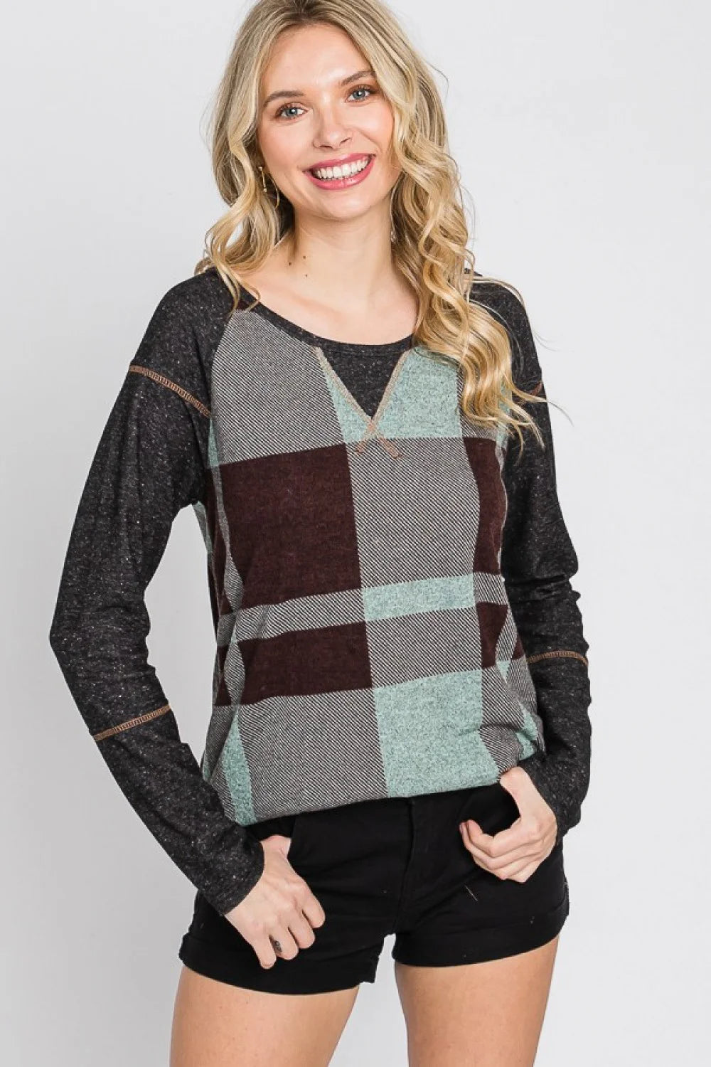 Plus Size Reverse Stitch Detail Buffalo Plaid Color Block Long Sleeve Casual Top