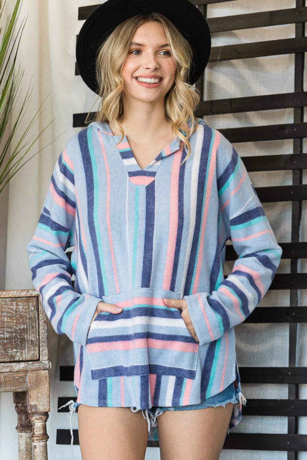 Plus Size Fleece Blue Pink Striped Long Sleeve Hooded Pullover Sweater