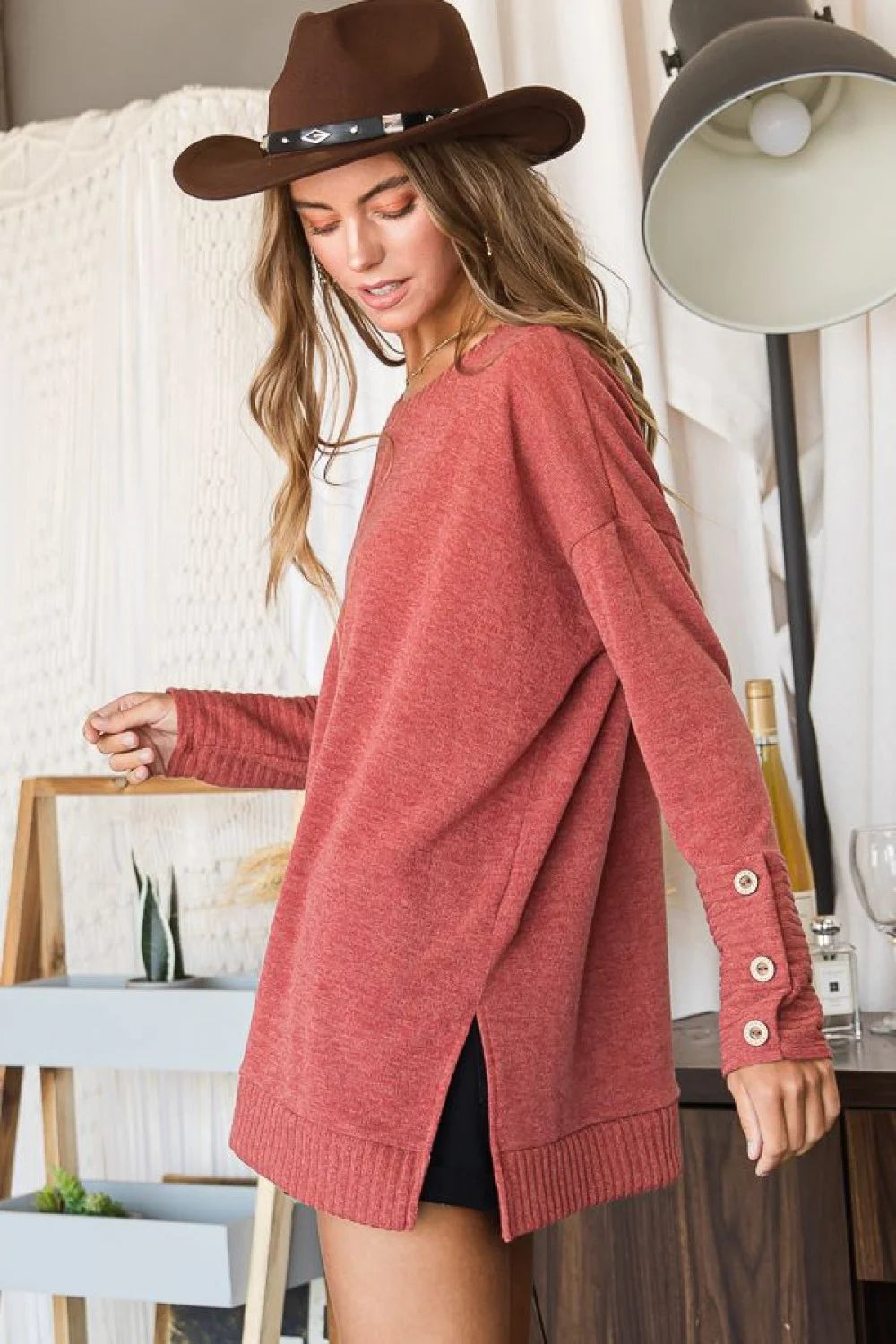 Plus Size Oversized Button Cuff Long Sleeve Tunic Sweater Top