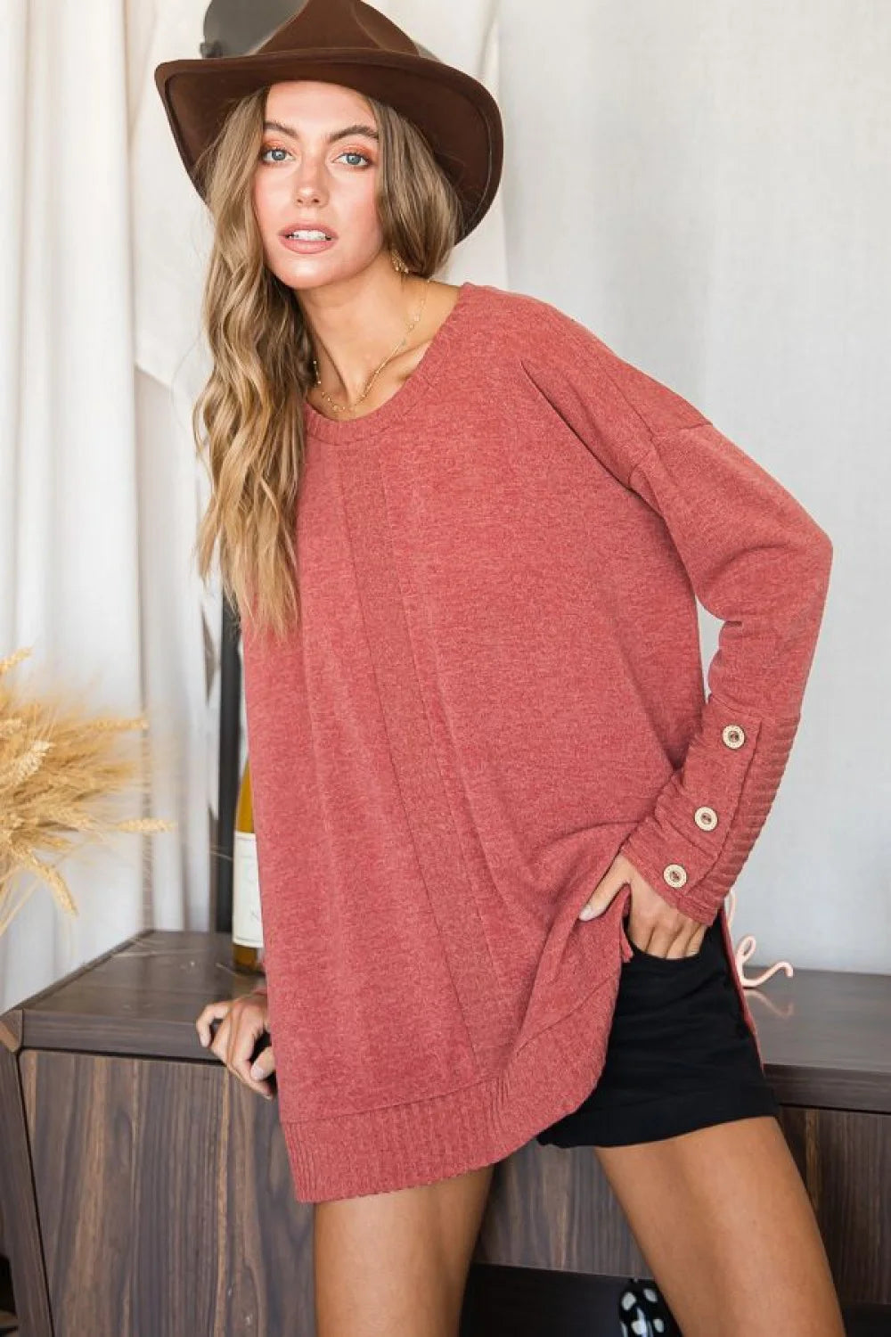 Plus Size Oversized Button Cuff Long Sleeve Tunic Sweater Top