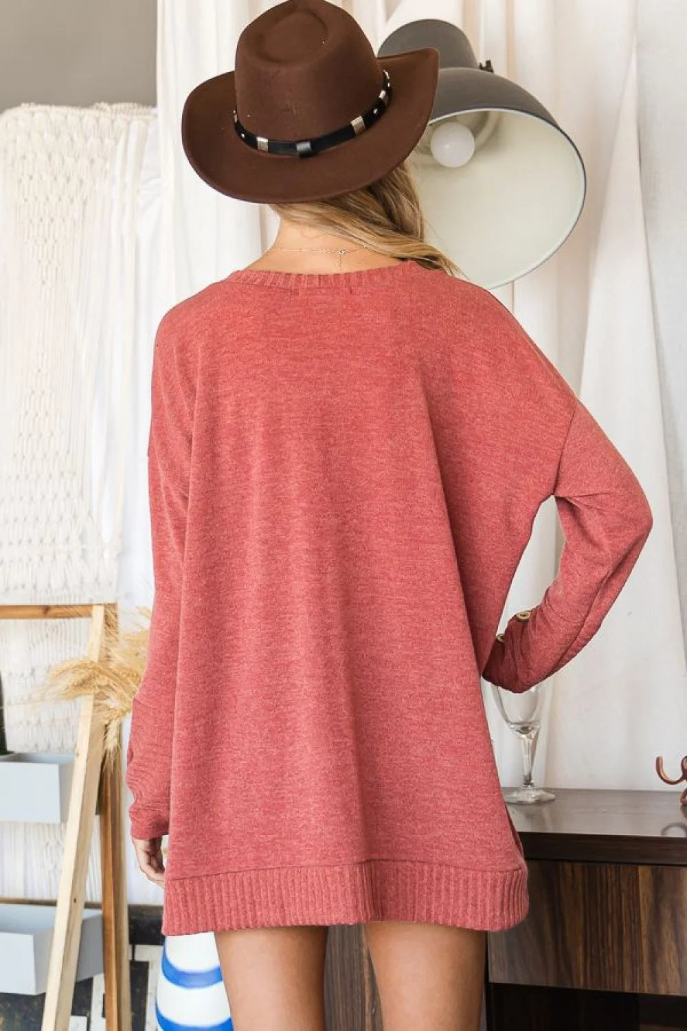 Plus Size Oversized Button Cuff Long Sleeve Tunic Sweater Top