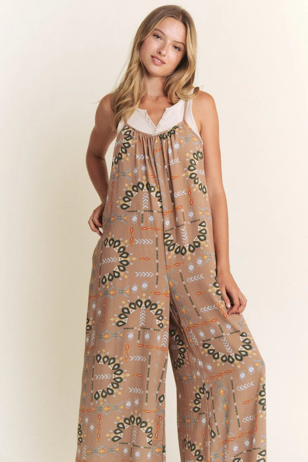 Boho Aztec Print Wide Leg Sleeveless Boutique Fashion Jumpsuit