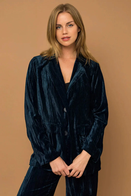 Oversize Crinkle Velvet Front Pocket Blazer Jacket - Tasha Apparel Wholesale