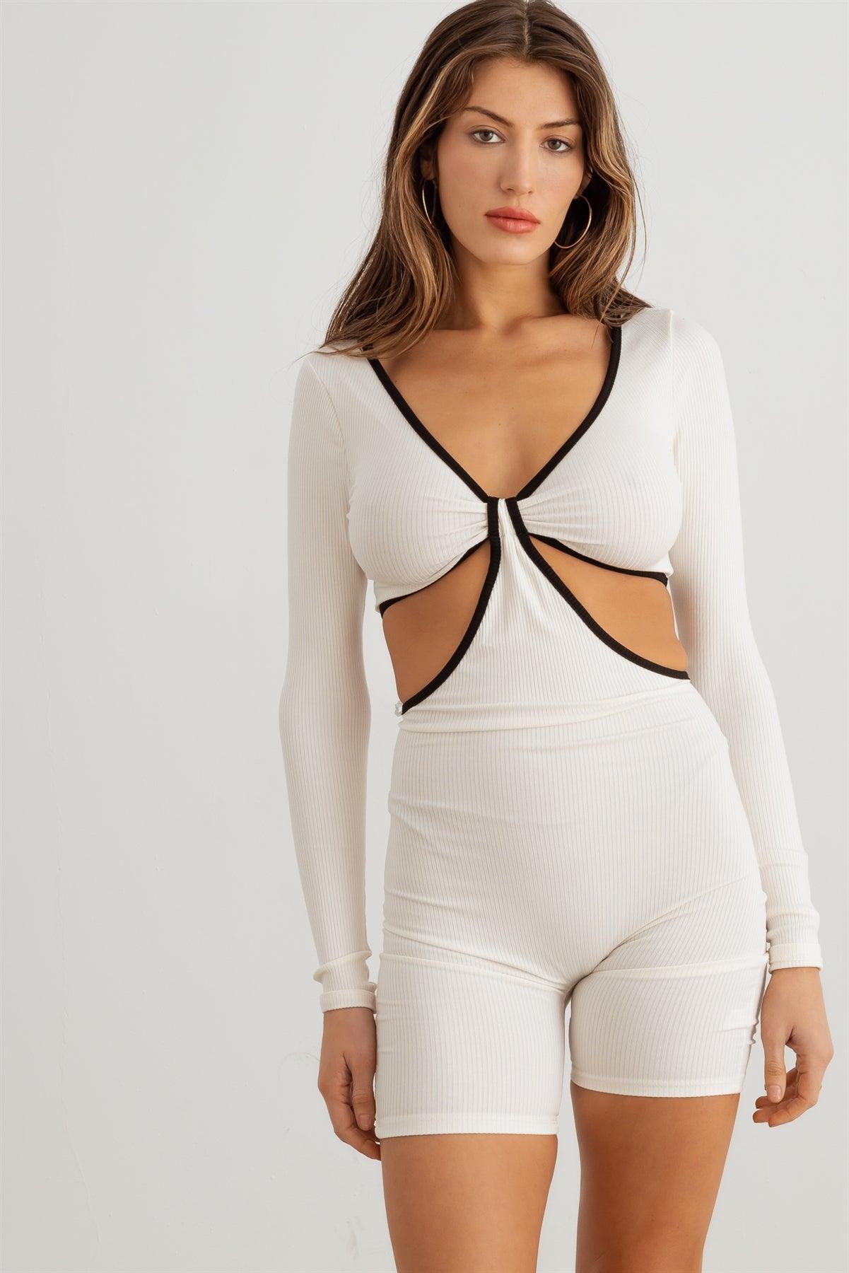 White & Black Ribbed Front Knot Cut-Out Long Sleeve Romper /2-2-2