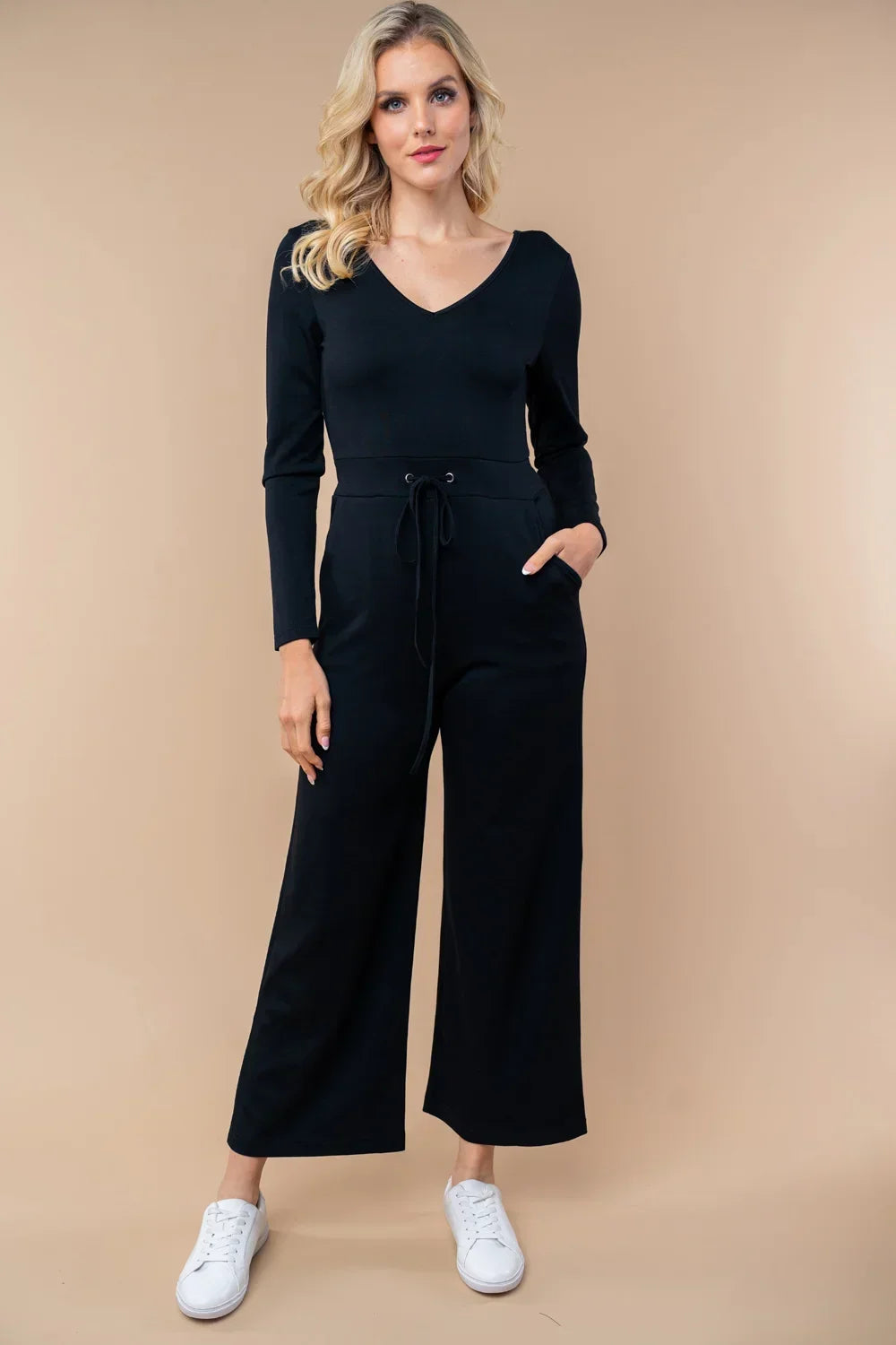 Long Sleeve V Neck Wide Leg Drawstring Waist Casual Boutique Jumpsuit - Tasha Apparel Wholesale