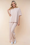 Taupe Ribbed Knit Wide Leg Elastic Waist Soft Comfortable Lounge Pants