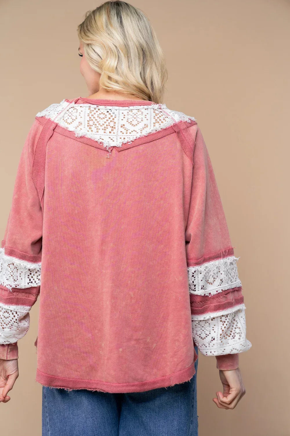 Marsala Pink White Crochet Lace Trim Boho Relaxed Fit Long Sleeve Pullover Top - Tasha Apparel Wholesale