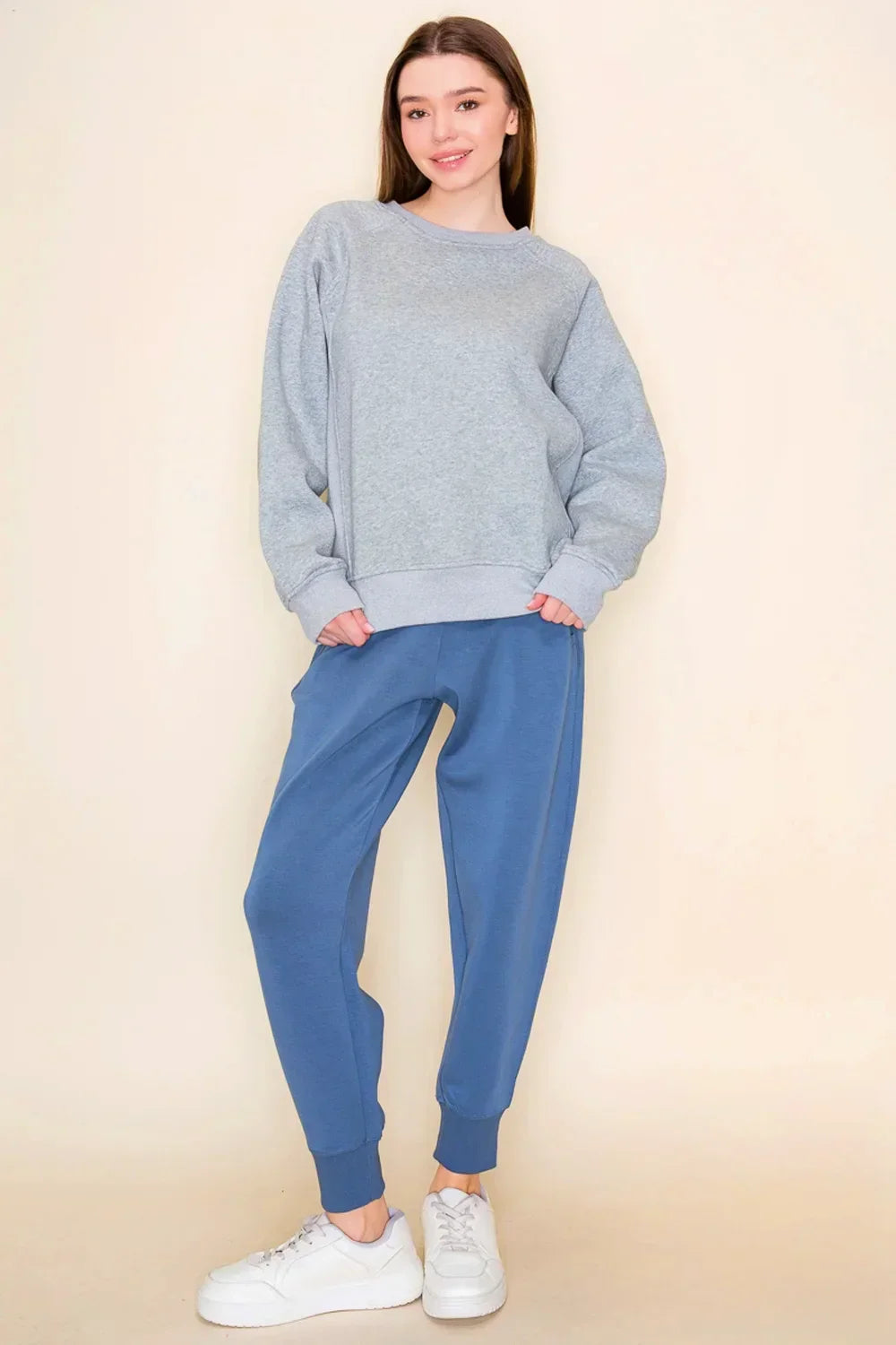 Classic Crew Neck Oversized Relaxed Fit Side Ribbed Long Sleeve Sweatshirt Top - Tasha Apparel Wholesale
