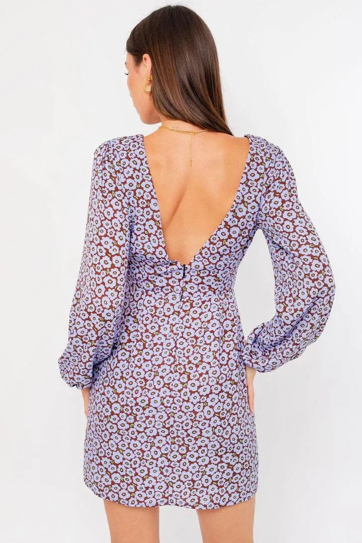 Ditsy Floral Long Puff Sleeve Deep V-Neck Mini Dress - Tasha Apparel Wholesale