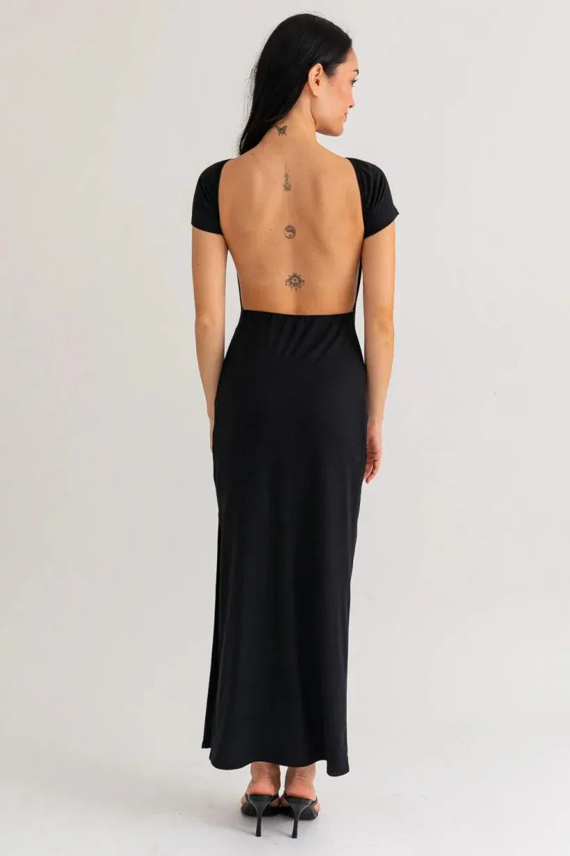 Short Cap Sleeve Side Slit Open Back Tube Maxi Dress Short Cap Sleeve Side Slit Open Back Tube Maxi Dress