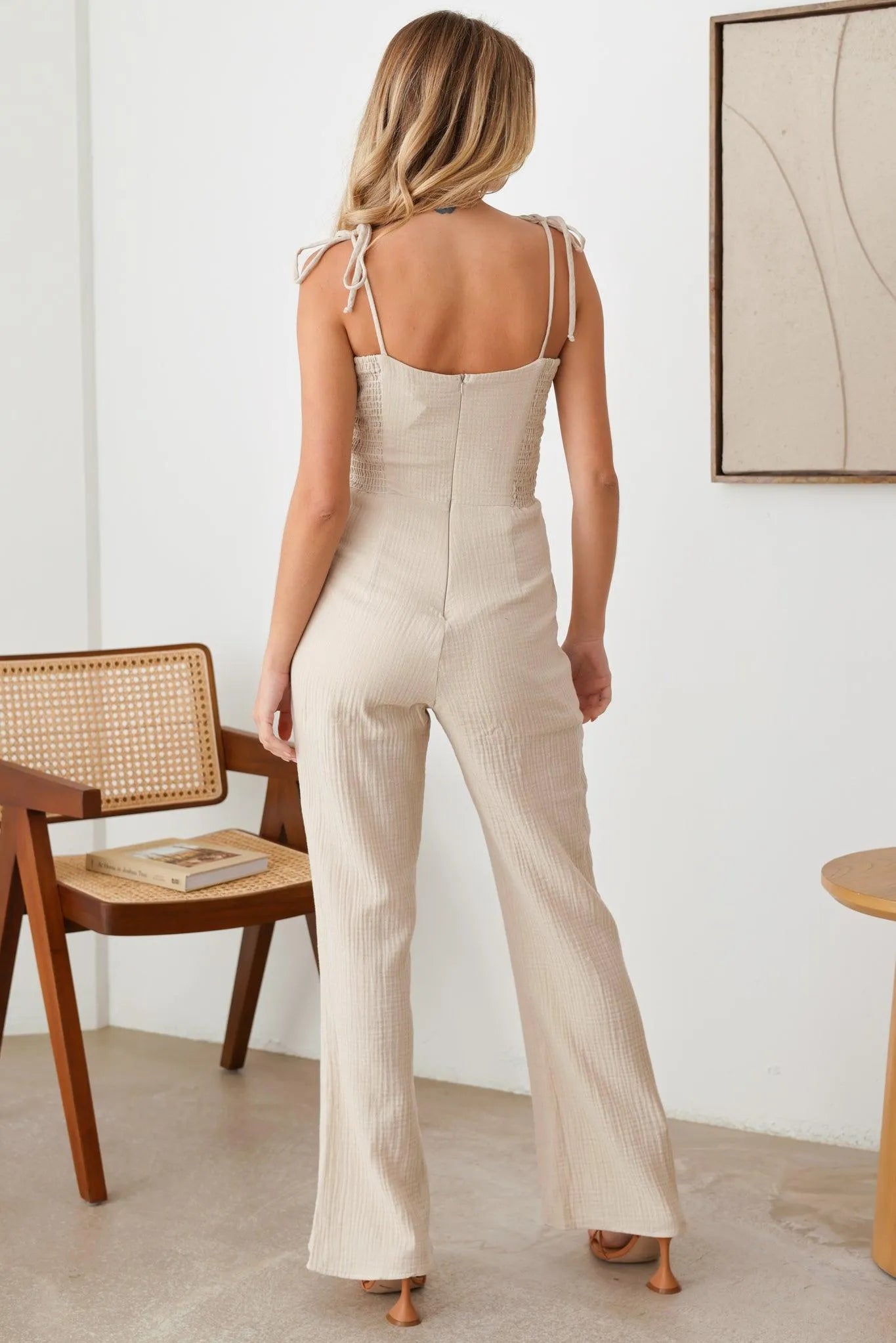 Plain Boho Wide Leg Shoulder Strap With Tie Sweetheart Neckline Beach Linen Jumpsuit - Tasha Apparel Wholesale
