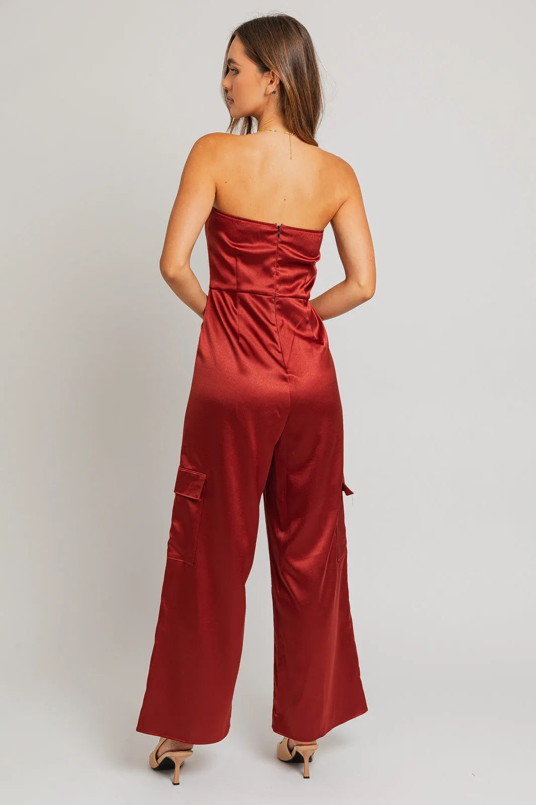 Satin Sleeveless Strapless Wide Leg Cargo Jumpsuit - Tasha Apparel Wholesale