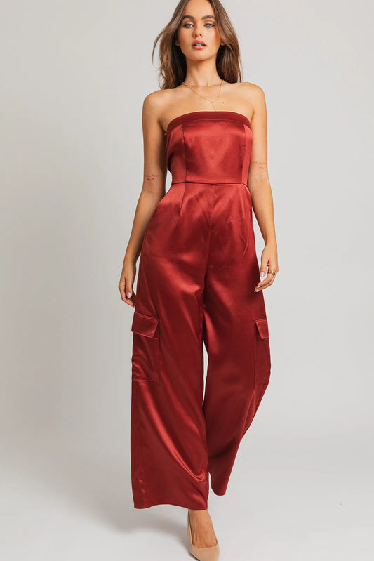 Satin Sleeveless Strapless Wide Leg Cargo Jumpsuit - Tasha Apparel Wholesale
