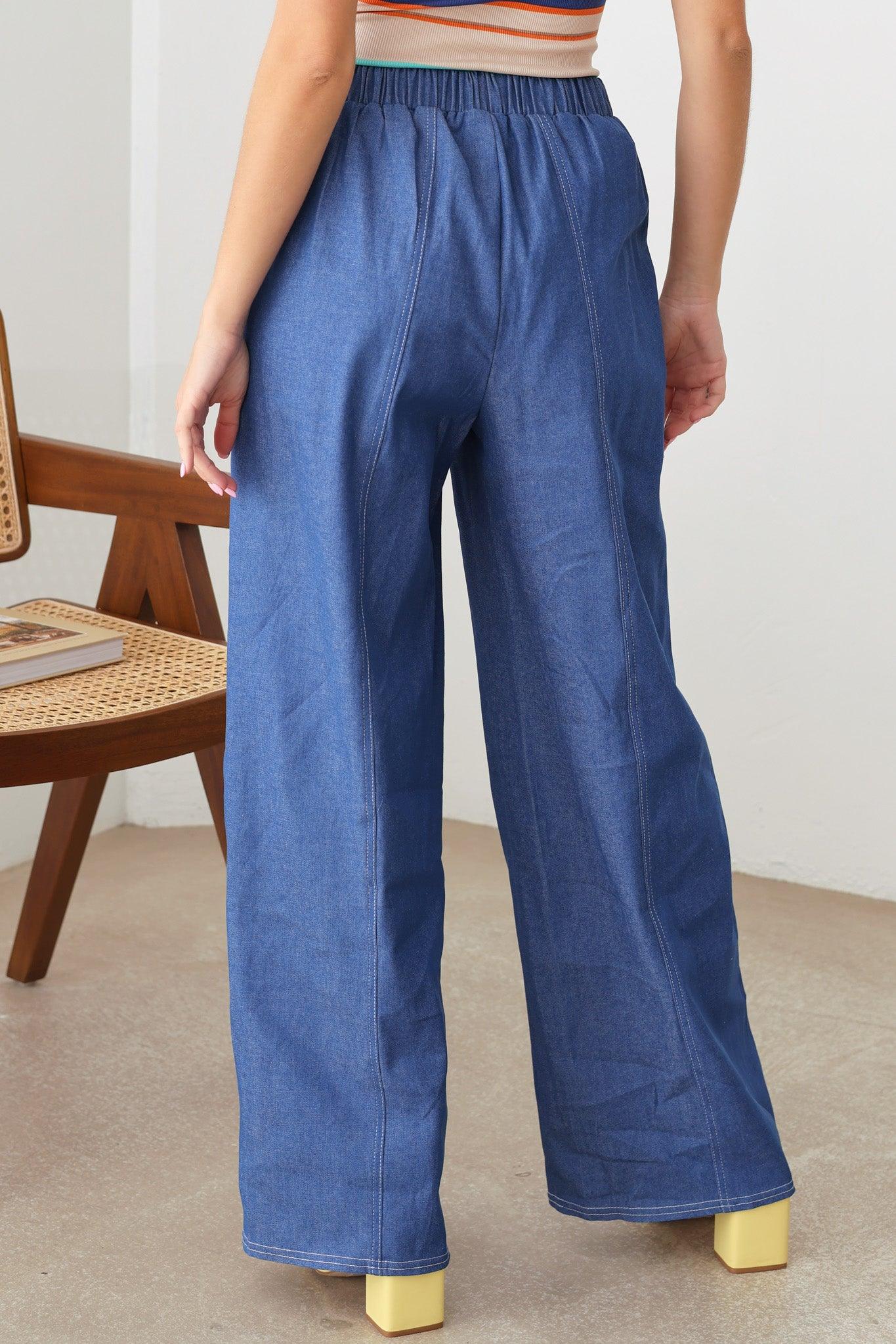Mid Waist Wide Leg Cozy Denim Jeans Pants - Tasha Apparel